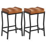 Garvee Modern Saddle Counter-Height Bar Stools, Set of 2 (26 in) - Thick Padded Faux Leather Seat - Sturdy Metal Frame w/ Footrest - Kitchen Island & Dining Room - Black iron frame + brown PU-wrapped seat cushion, 2-pack