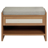 Garvee Farmhouse Entryway Shoe Bench with Storage Drawer - Wooden & Rattan Construction - Padded Linen Cushion - Open Shelf for Shoes and Boots - Ideal for Hallway, Bedroom, Mudroom - Caramel Oak - Light Oak