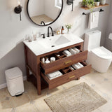 Garvee Modern Farmhouse Bathroom Vanity with basin - 36" Freestanding Cabinet - Integrated Glossy Ceramic Basin - 2 U-Shape Drawers + Open Shelf - Walnut Wood