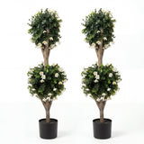 Garvee 3 ft Artificial Double Ball Boxwood Topiary Tree with Pot & Blossoms