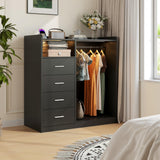 Garvee Modern 4-Drawer Wardrobe Closet Organizer with Hanging Rack, LED Light, Charging Station, Open Shelves – Large Capacity, Easy Assembly – Bedroom & Living Room Storage Dresser – Fine Black Natural Fiber - Natural Wood Color