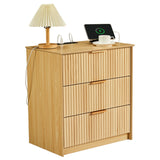 Garvee Fluted 3-Drawer Bedside Cabinet with Charging Station – USB & Type-C Ports, Power Outlets – Large MDF Bedside Table – Modern Wood End Table with Gold Handles, Waterproof Top – Bedroom Storage