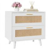 Garvee Rattan bedside table with Charging Station, 2-Drawer Boho Bedside Table - USB Ports & AC Outlet - Cane Wood End Table for Bedroom, Small Spaces - White