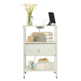 Garvee Bedside Table with Charging Station – 3-Tier Open Storage, Fabric Drawer, Sturdy Metal Frame, Modern Bedside Table for Bedroom & Living Room – White US Socket