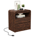 Garvee Fluted Nightstand with Charging Station, 2 Drawers, USB & Type-c, Walnut