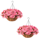 Garvee Lifelike Artificial Geranium Hanging Baskets Set of 2 – 24 Silk Flower Bundles – Durable Brown Coconut Fiber Basket – Indoor Outdoor Home, Garden, Porch, Patio, Balcony Decor – Pink - Pink
