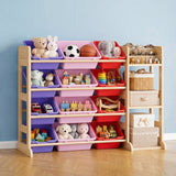 Garvee Solid Wood Kids Toy Storage Organizer Cabinet – 12 Bins & 3 Open Shelves – Wide Cubby Bookshelf for Playroom, Bedroom, Nursery – Magenta