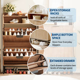 Garvee Modern Fluted Shoe Storage Cabinet for Entryway, Slim Freestanding Shoe Organizer - 2 Turnover-Down Drawers, Open Shelf, Gold Metal Legs & Handles - Natural Wood - Wood Color