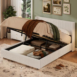 Garvee Full Storage Bed Frame Corduroy Upholstered Gas Lift Padded Headboard Wooden Slats Easy Assembly White Bedroom
