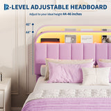 Garvee Velvet Upholstered Full Platform Bed Frame with Storage Headboard, 2 Drawers & Bookcase – LED Lights, Noise-Free, Easy Assembly, No Box Spring Needed – Kids or Girls Room, Purple