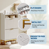 Garvee Modern Fluted Shoe Storage Cabinet for Entryway, Slim Freestanding Shoe Organizer - 2 Turnover-Down Drawers, Open Shelf, Metal Legs & Gold Handles - White - White