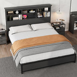 Garvee Modern Full Size Platform Bed Frame with Tall Wooden Bookcase Headboard – Built-in USB & Type-C Charging Station – 9.6" Underbed Storage – Sturdy Metal & Wood Foundation – No Box Spring Needed – Black Embossed Design, F Size