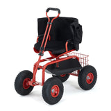 Garvee Heavy Duty Rolling Garden Work Stool – 360° Swivel Adjustable Height, Extendable Handle, 10" All-Terrain Inflatable Tires, Metal Tool Tray & Basket, Reinforced Double Steel Frame with Backrest & Armrest – Red