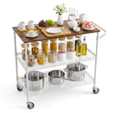 Garvee Heavy Duty 3-Tier Rolling Utility Cart with Wood Top – Metal Mesh Shelves, Adjustable Storage, 2 Liners, 10 Hooks, Lockable Wheels, 250kg Capacity – Multi-Functional Office & Restaurant Serving Trolley – White Tube