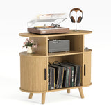Garvee Mid-Century Modern Oak Record Player Stand – Integrated Charging Station & USB Ports – Large Round Turntable Table – Open Shelves for Vinyl Storage – Oak US Standard
