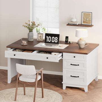 Garvee 53.5" Farmhouse Executive Office Desk with Power Outlets & USB Ports – Wooden Computer Desk – Adjustable File Cabinet – Storage Drawers – Charging Station, Brown and White Contrast