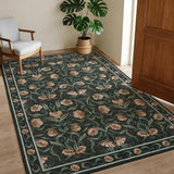 Garvee Black Floral Washable Area Rug - Non-Slip, Low-Pile, Soft Pearl Velvet Carpet, Mark Resistant, Ideal for Bedroom, Living Room, Dining Room - 5x7ft (152x213cm), USA - Black