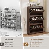 Garvee Space-Saving Slim Shoe Cabinet for Entryway – Modern Hidden Storage Organizer with Turn over Down Doors – Adjustable Shelves – Compact Freestanding Hallway or Mudroom Furniture, Brown - Antique White
