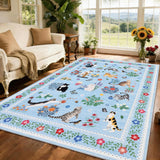 Garvee 5' × 7' Floral Cat Print Area Rug, Machine Washable Non-Slip Low-Pile Soft Rug for Living Room, Bedroom & Dining Room, Light Blue
