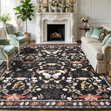 Garvee 8x10 Washable Area Rug, Non-Slip Low Pile Rug with Butterfly Floral, Stain Resistance Carpet for Living Room, Bedroom, Dining Room, Black