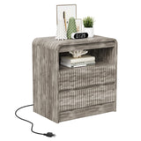 Garvee Fluted Nightstand with Charging Station, 2 Drawers, USB & Type-c, Gray