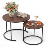 Garvee 23.6/15.7 Inch Round Nesting Coffee Table Set of 2, Round Coffee Table for Living Room, Space Saving Nesting Tables with Faux Marble Top, Metal Frame, Adjustable Feet for Bedroom, Walnut