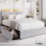 Garvee Velvet Upholstered Queen Bed Frame with Storage Drawers, Bookcase Headboard, LED Lights, Noise-Free, Easy Assembly, Ideal for Kids or Teens, No Box Spring Needed - Gray, Queen Size