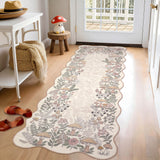 Garvee Scalloped Botanical Area Rug - Washable Non-Slip Low Pile Carpet, Soft Collapsible Accent for Hallway, Kitchen, Bedroom, Bathroom, Farmhouse Decor, Beige, 2x6ft