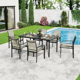 Garvee 7-Piece Patio Dining Set for 6 - 55" Rectangular Steel Slat Table with Umbrella Hole + 6 Breathable Textilene carrier Chairs, All-Weather Outdoor Furniture - Black Table + Brown Chairs - Black Table + Brown Stool