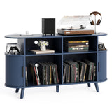 Garvee 55.1" Round Record Player Stand with Vinyl Storage, Mid-Century Modern Turntable Cabinet, USB Charging Ports & Power Outlets, Open Display Shelves - Blue