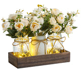 Garvee Rustic Farmhouse Mason Jar Table Centerpiece Set, 3-Pack Glass Jars + Wood Tray - Artificial White Roses, LED String Lights - Dining Room/Kitchen Island/Wedding Decor - Color: White