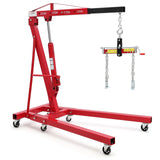 Garvee 2 Ton Folding Hydraulic Engine Hoist - Heavy Duty 4400 lbs Shop Crane - Adjustable Boom (0.5T-2T) - Load Leveler - 6 Swivel Wheels - Hydraulic Pump - Portable Engine Lift Stand for Garage, Workshop, Warehouse - Red with Load Distributor, 2T