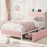 Garvee Metal Platform Bed Frame with 2 Storage Drawers & Charging Station, Upholstered Headboard, No Box Spring Needed - Twin XL - White Tube/Pink
