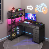 Garvee Multi-Function L-Shaped Computer Desk – 6 Drawers, 5-Tier Storage, LED Lighting, Power Outlets & USB/Type-C, Reversible Corner Gaming Workstation for Home Office – Black Embossed Finish
