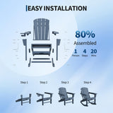 Garvee Folding Adirondack Rocking Chair with Retractable Ottoman – All-Weather HDPE Patio Chair – Wood Texture – Cup Holder – Collapsible Outdoor Garden, Porch, Fire Pit Seating – Navy Blue HDPE + 304 Hardware - Black