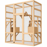 Garvee Walk-In Outdoor Catio Cat Enclosure, Fir Wood Cat House with Galvanized Carbon Steel Mesh and UV-Resistant Polycarbonate Roof, 5 Platforms and 2 Resting Boxes, Lockable Full-Height Door, 62.6"X32.3"X70.1", Natural Wood - Natural Wood