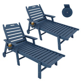 Garvee Navy Blue HDPE Chaise Lounge Chairs 2-Pack, Wood-Grain Outdoor Patio Sun Lounger Set, 5-Position Adjustable Backrest, 450lb Capacity per Chair, Rear Wheels and Cup Holders, 75% Preassembled Weather-Resistant Recliners for Poolside, Deck, Garden - Navy Blue