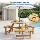 Garvee 6-Person Round Wooden Picnic Table Set with 3 Built-In Benches, Circular Outdoor Patio & Garden Dining Table, Umbrella Hole, for Backyard & Camping - Color: Natural Wood - Natural Wood Color