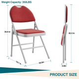 Garvee 2 Pack Folding Chairs with Fabric Padded Linen Cushion Metal Foldable Chairs for Indoor Outdoor Camping Dining Room Office Wedding Red