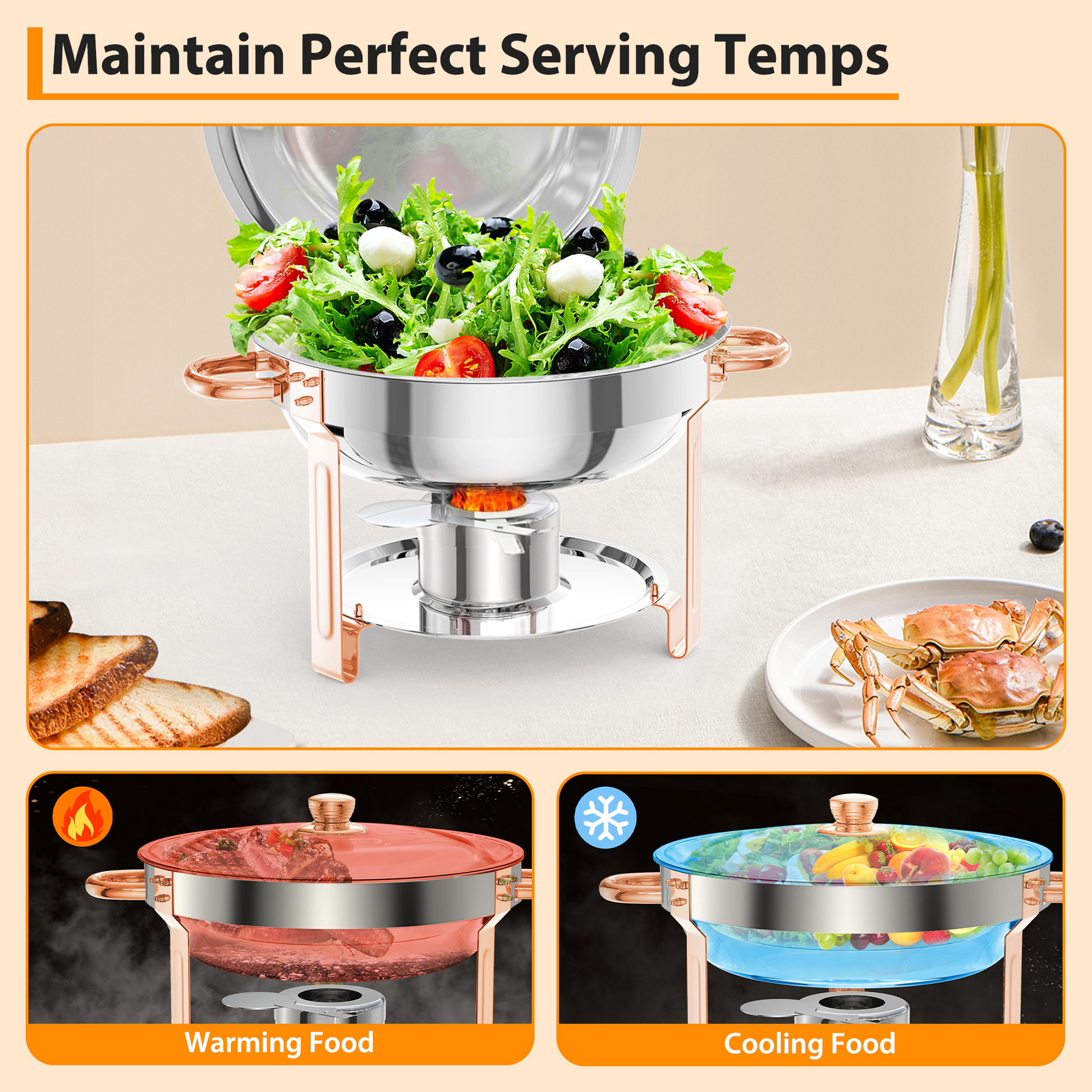 Garvee 5QT Round Chafing Dish Buffet Set (4 Pack) - Stainless Steel Food Warmers with Lid Holder, Spoon, and Tweezers, Rose Gold Finish, Ideal for Parties, Weddings, Events, and Banquets