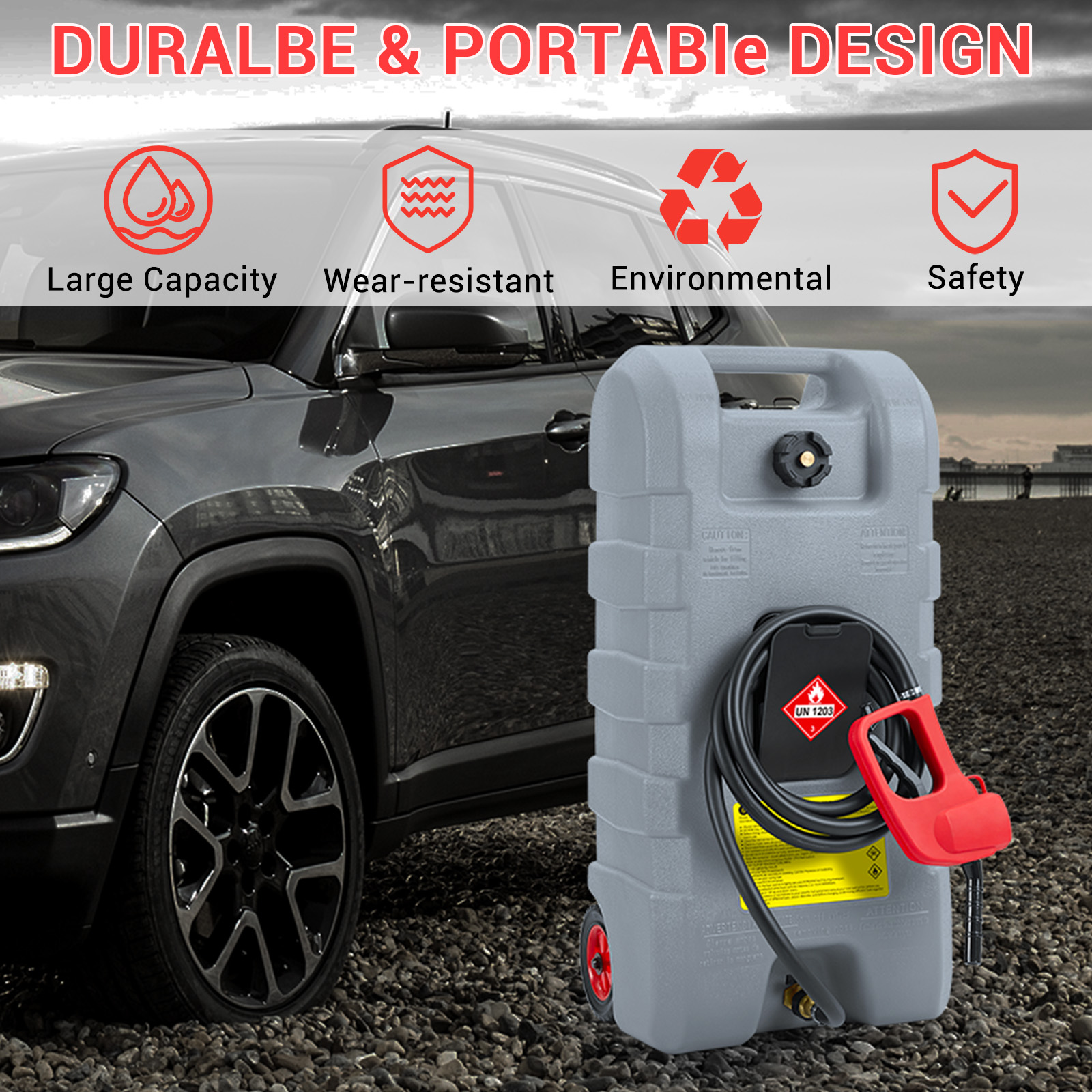 Garvee 15 Gallon Portable Fuel Caddy, 10-ft hose, siphon pump, 7.5 L/min manual nozzle, diesel/gasoline tank - Gray